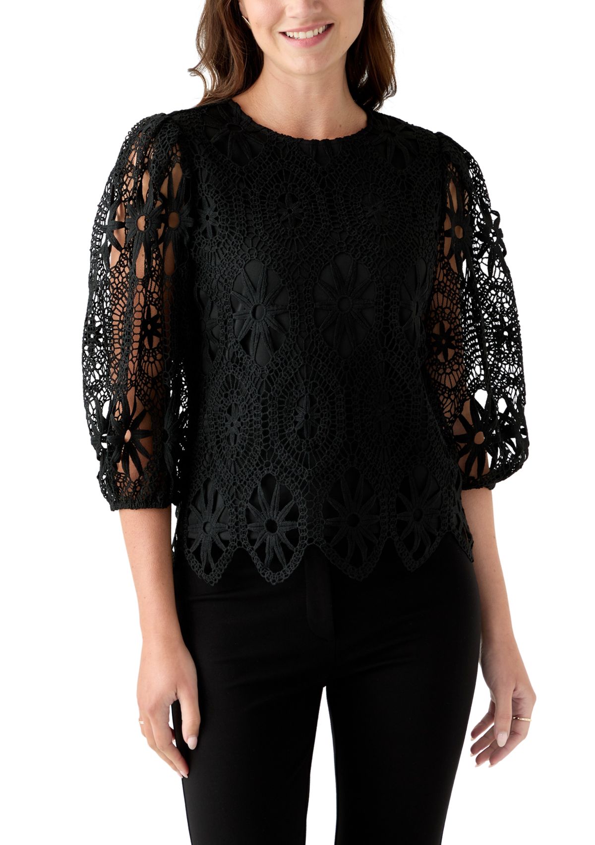 Womens Three-Quarter Sleeve Scallop Hem Crochet Top