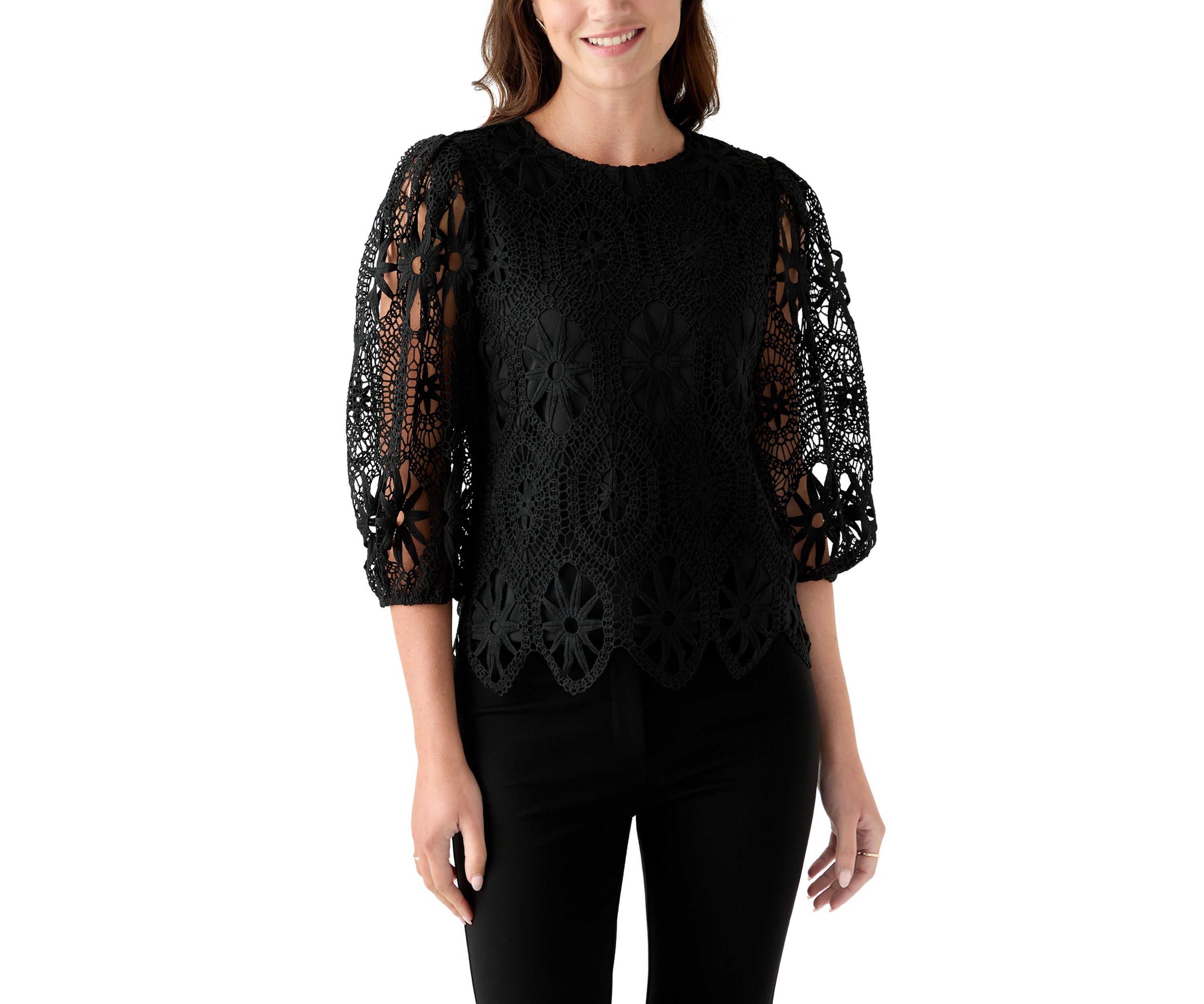 Womens Three-Quarter Sleeve Scallop Hem Crochet Top