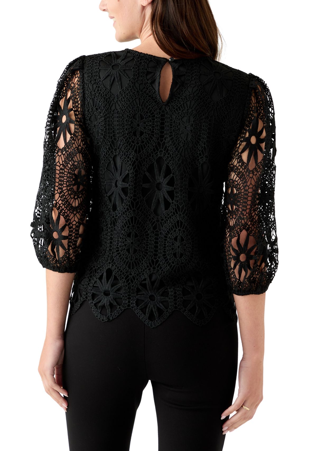 Womens Three-Quarter Sleeve Scallop Hem Crochet Top