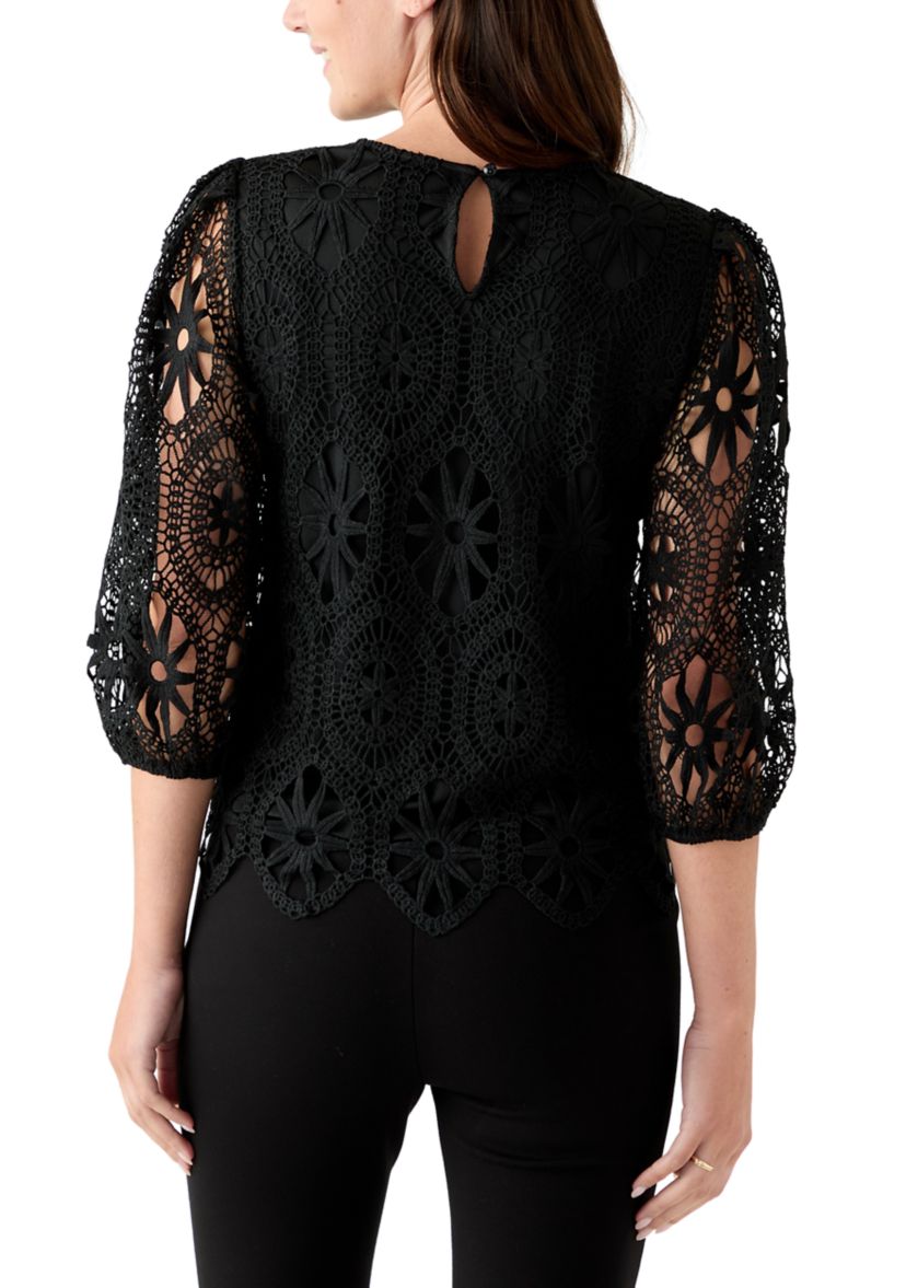 Womens Three-Quarter Sleeve Scallop Hem Crochet Top