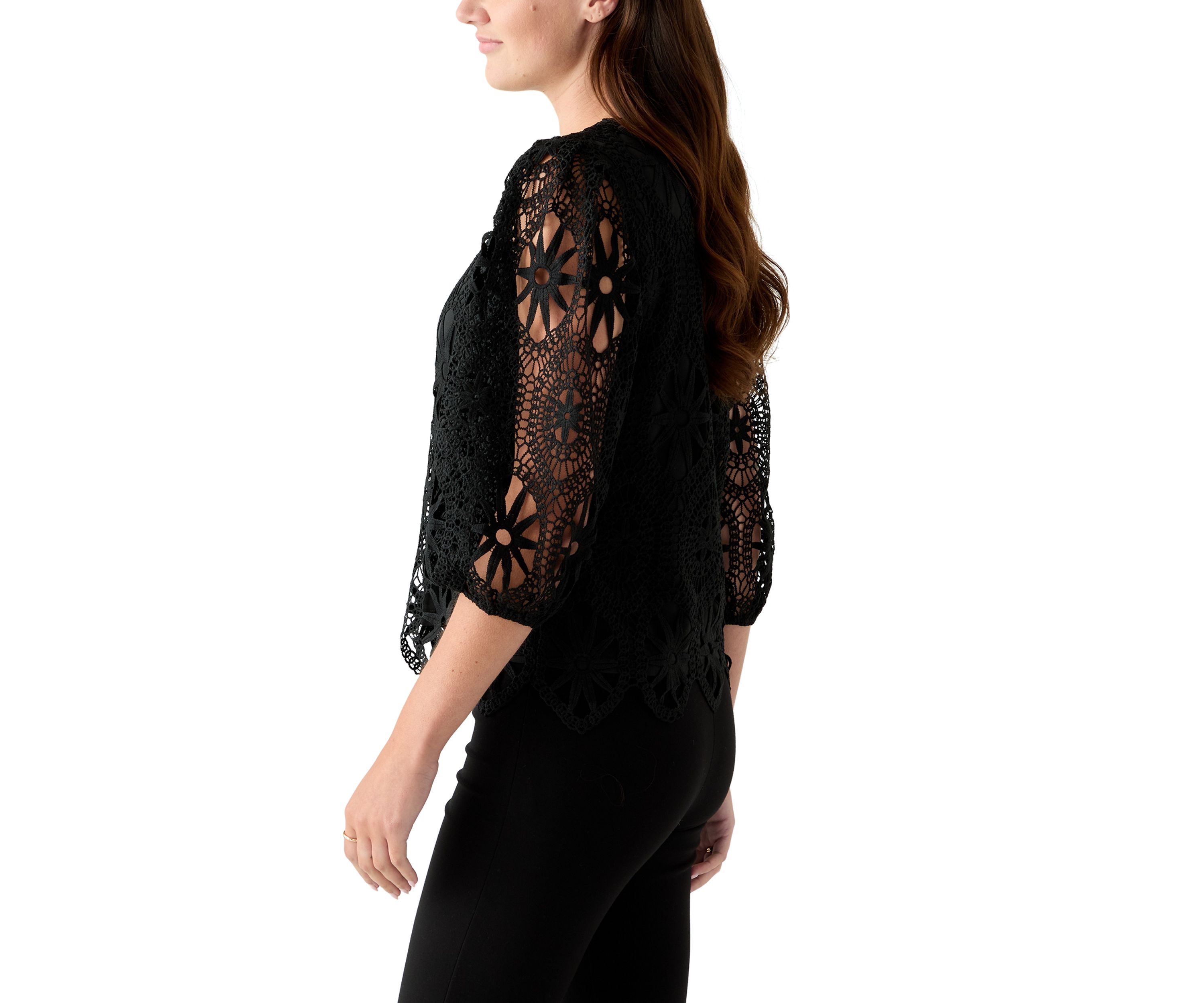 Womens Three-Quarter Sleeve Scallop Hem Crochet Top