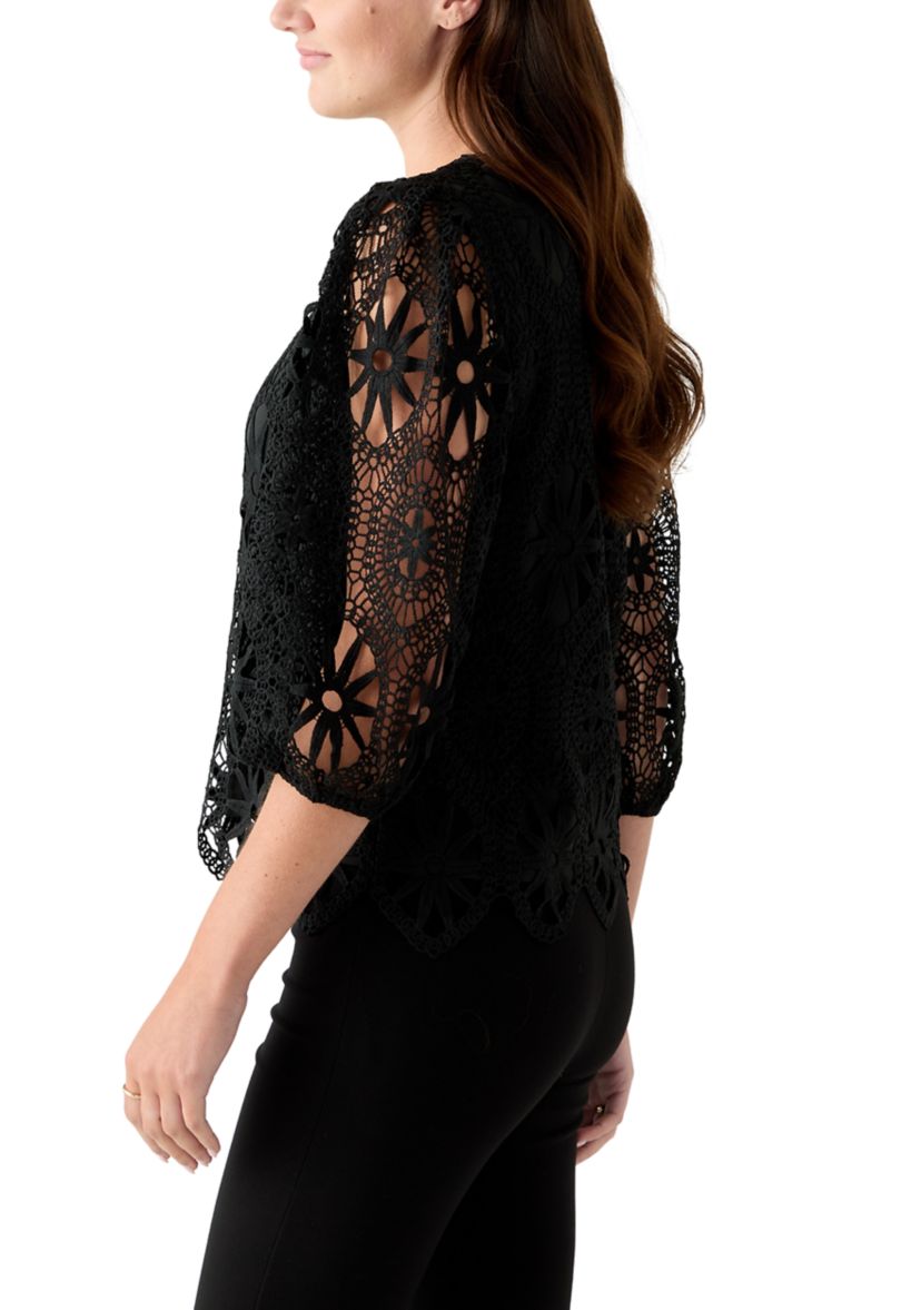 Womens Three-Quarter Sleeve Scallop Hem Crochet Top