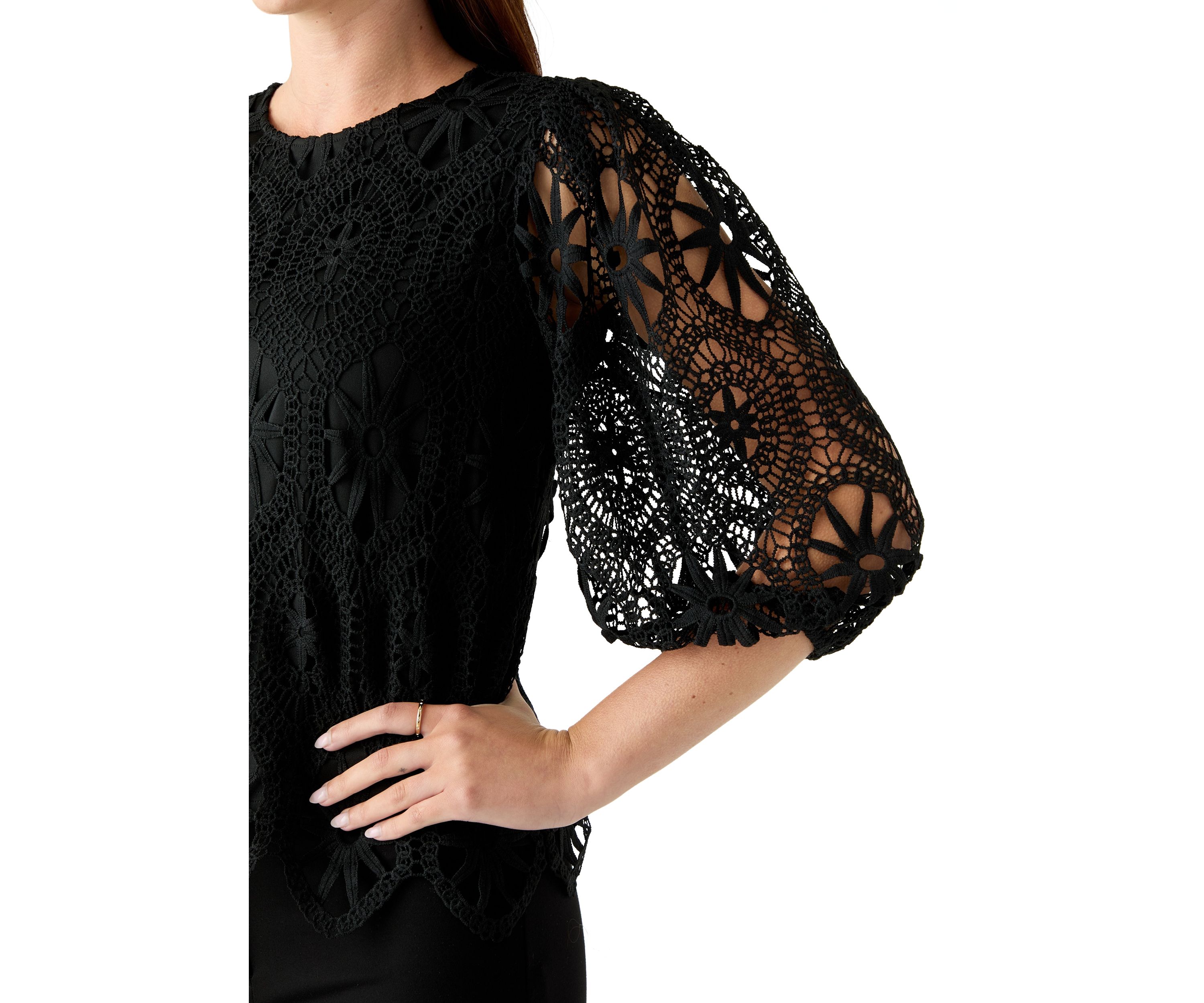 Womens Three-Quarter Sleeve Scallop Hem Crochet Top