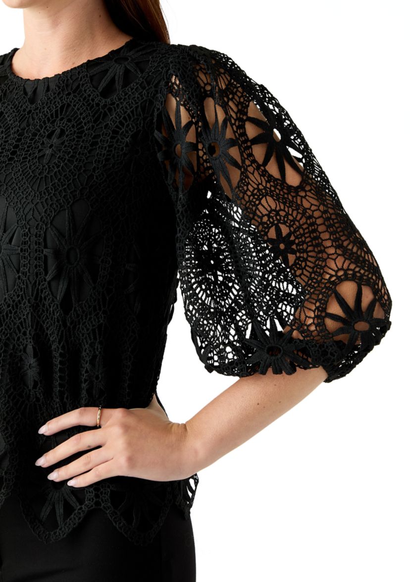 Womens Three-Quarter Sleeve Scallop Hem Crochet Top