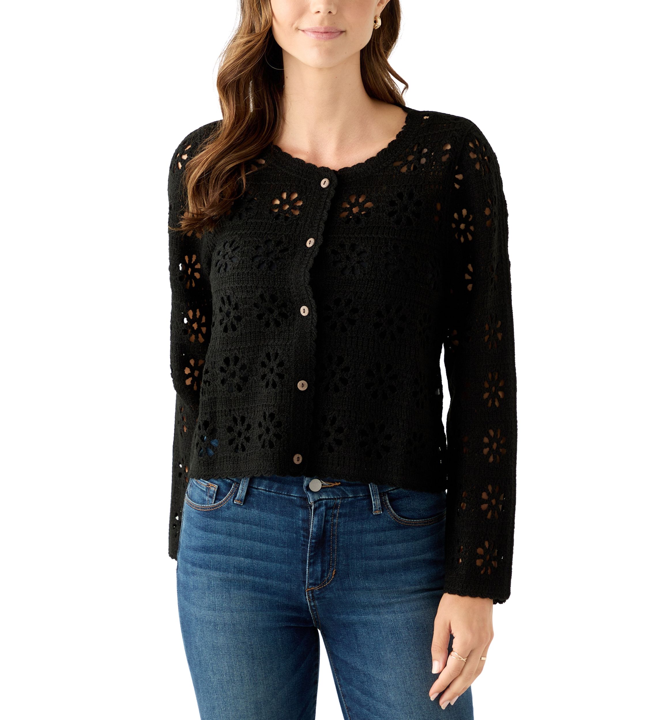 Womens Long Sleeve Button Front Crochet Knit Cardigan