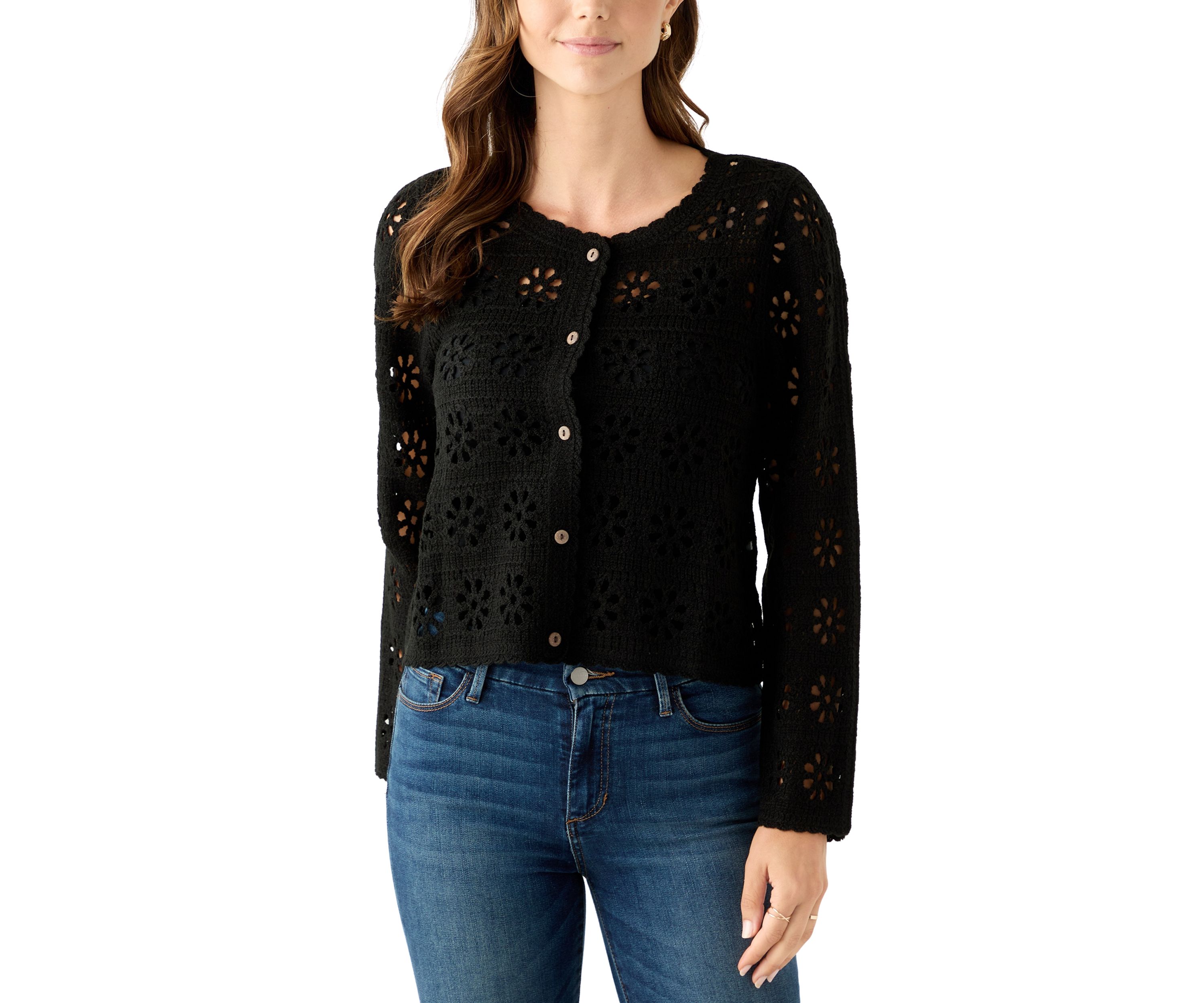 Womens Long Sleeve Button Front Crochet Knit Cardigan