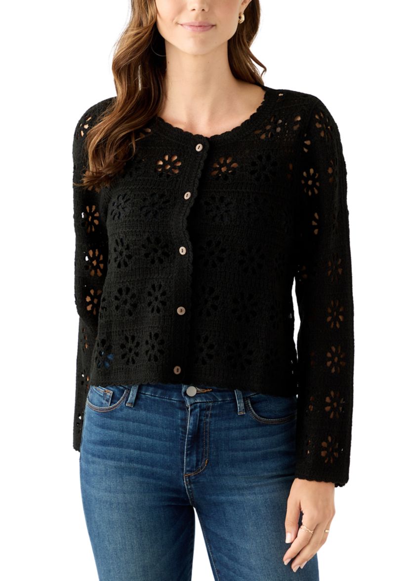 Womens Long Sleeve Button Front Crochet Knit Cardigan