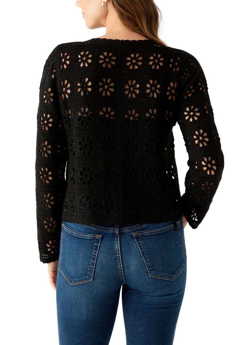 Womens Long Sleeve Button Front Crochet Knit Cardigan