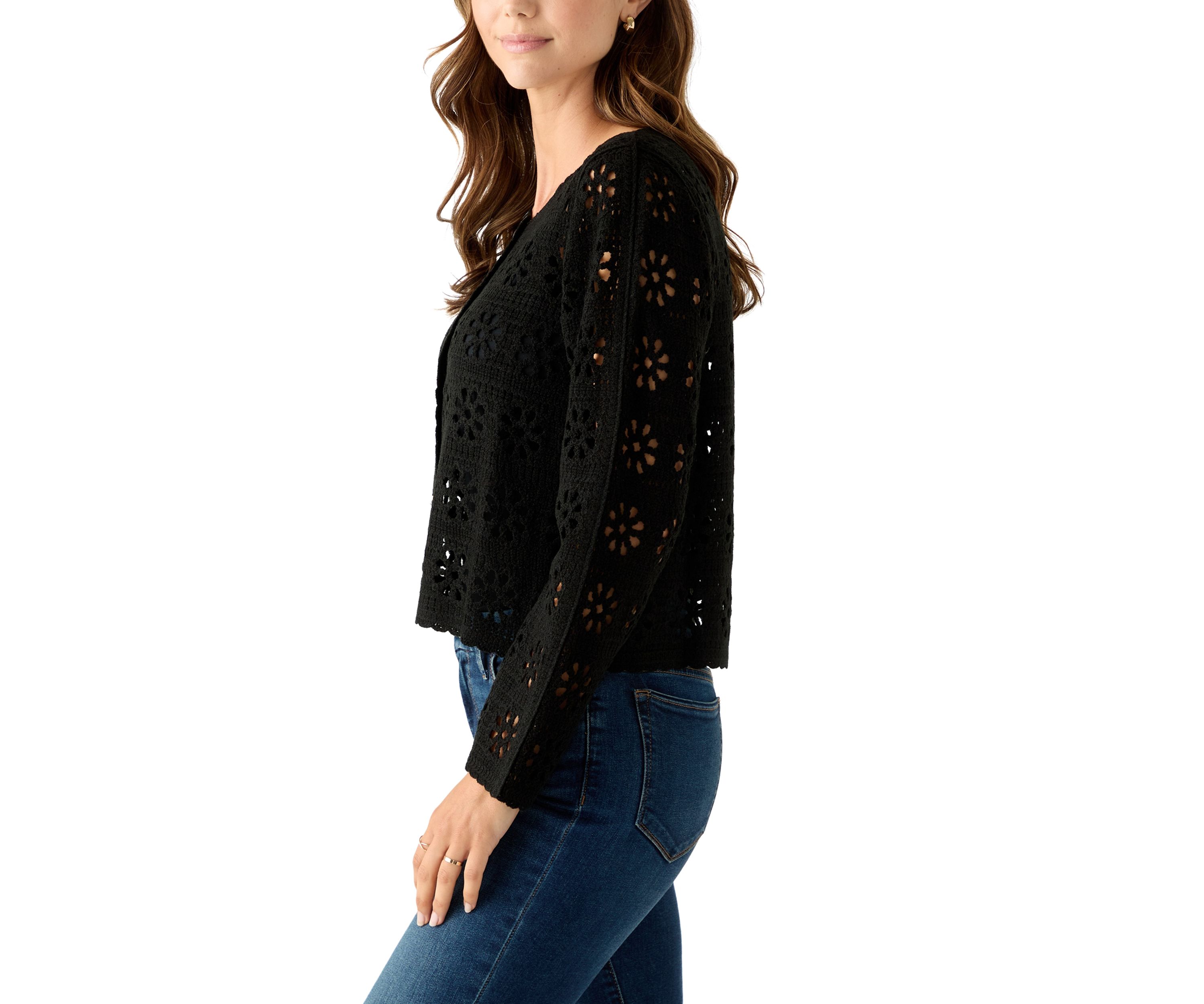 Womens Long Sleeve Button Front Crochet Knit Cardigan