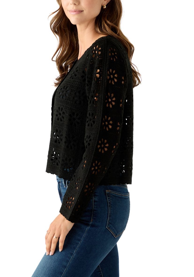 Womens Long Sleeve Button Front Crochet Knit Cardigan
