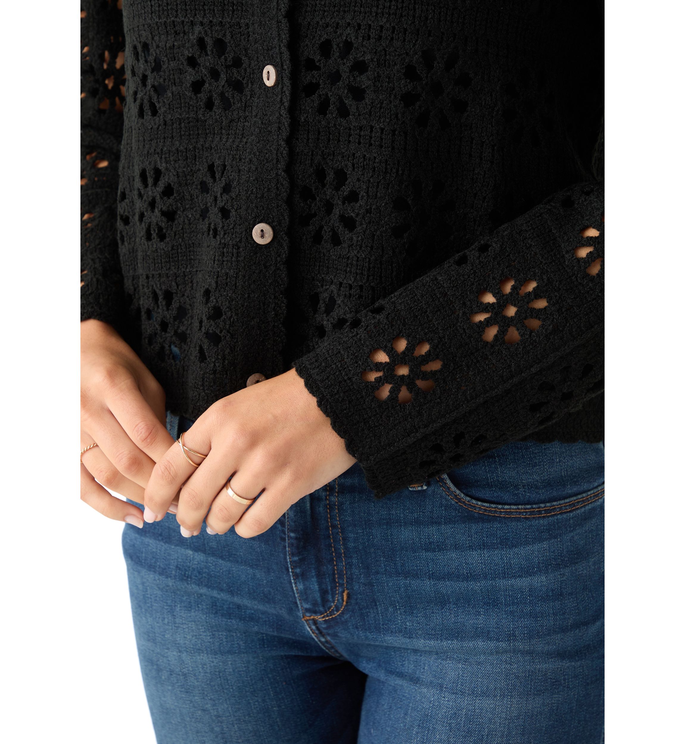 Womens Long Sleeve Button Front Crochet Knit Cardigan