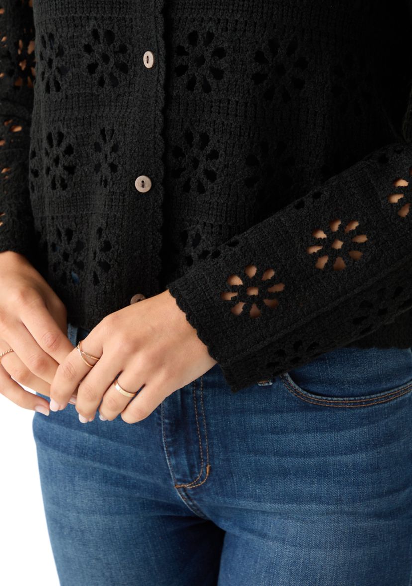 Womens Long Sleeve Button Front Crochet Knit Cardigan