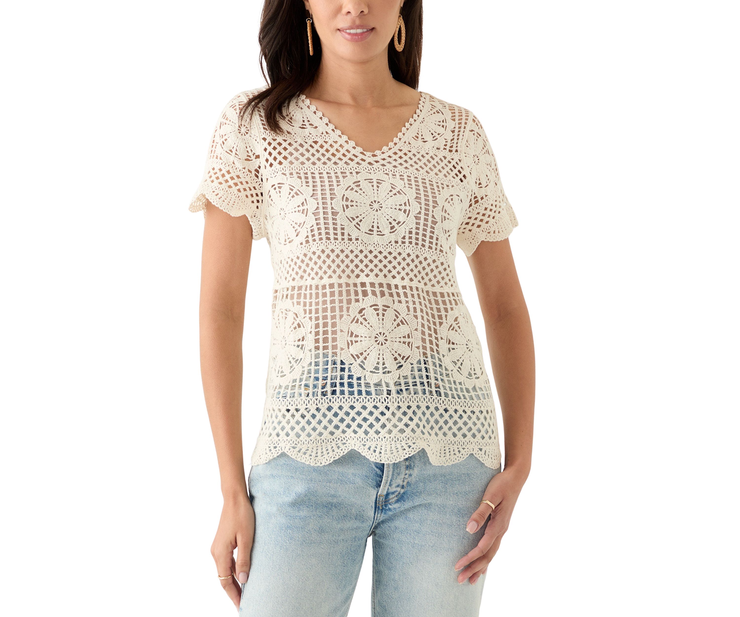 Womens Crochet Short Sleeve V-Neck Top