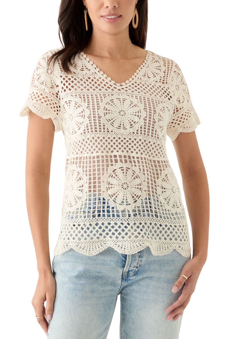 Womens Crochet Short Sleeve V-Neck Top