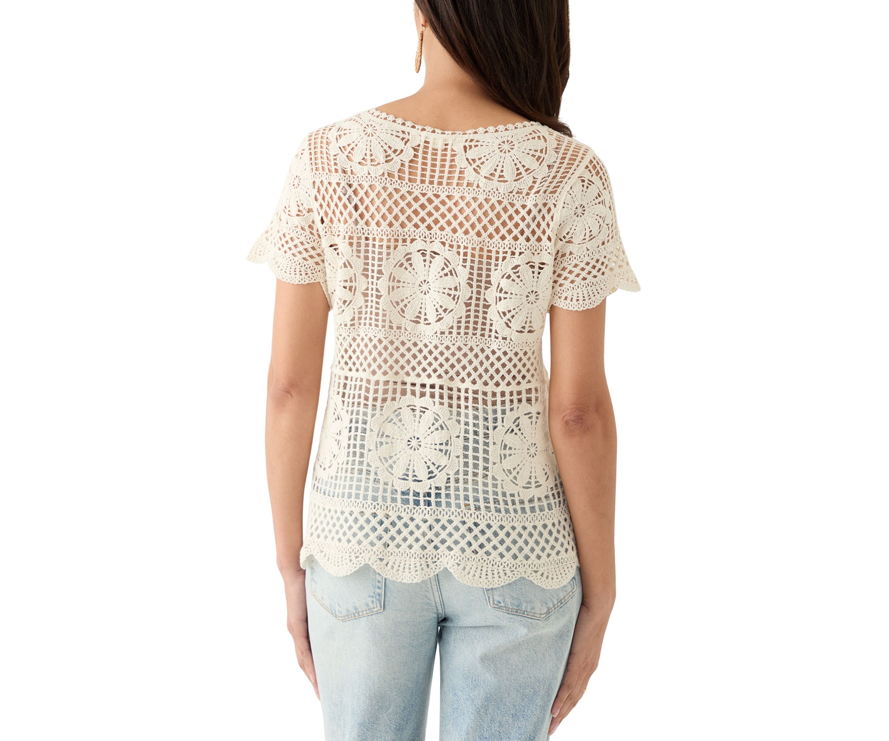 Womens Crochet Short Sleeve V-Neck Top