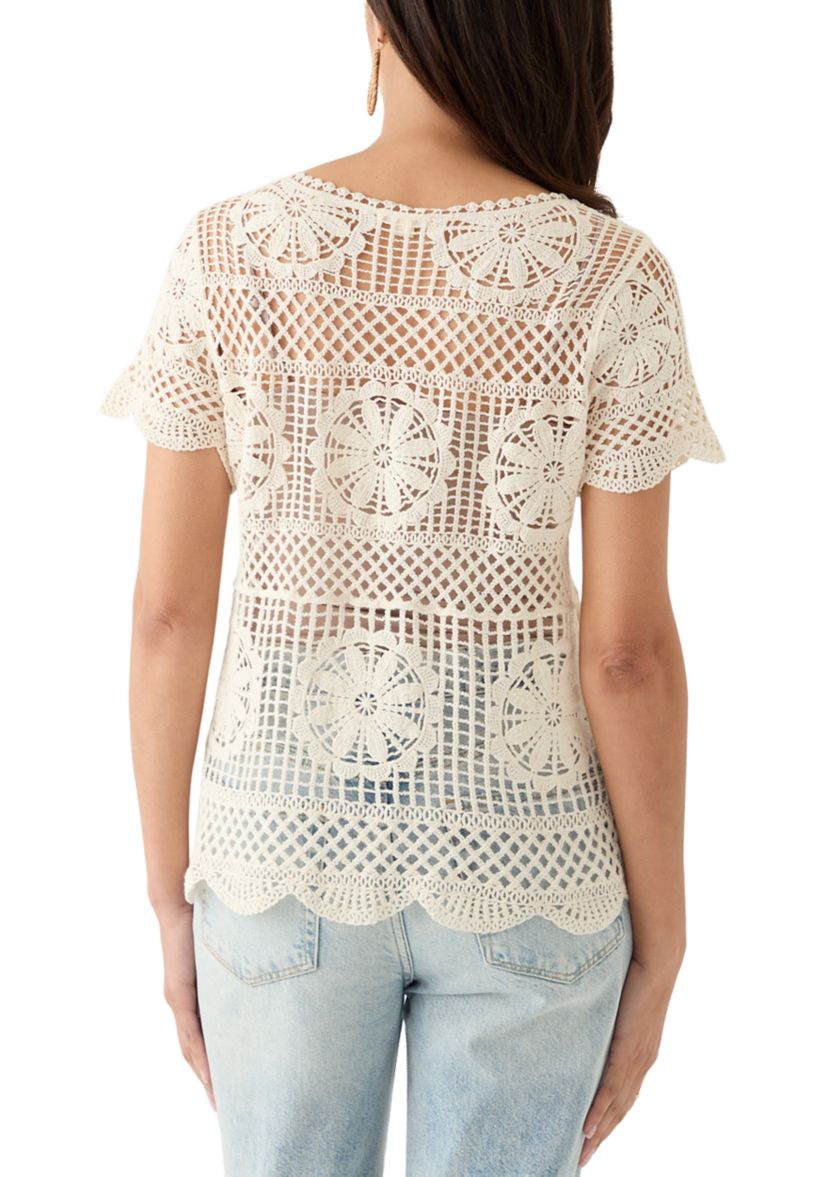 Womens Crochet Short Sleeve V-Neck Top