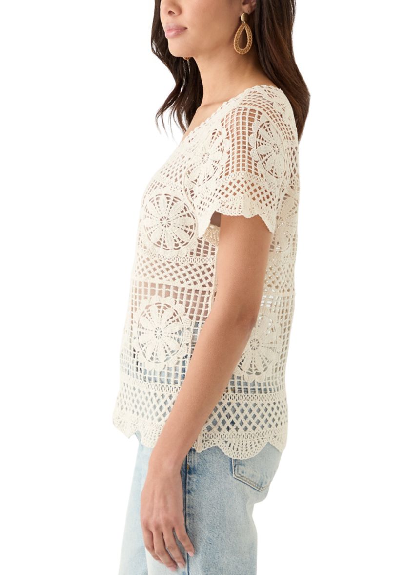 Womens Crochet Short Sleeve V-Neck Top