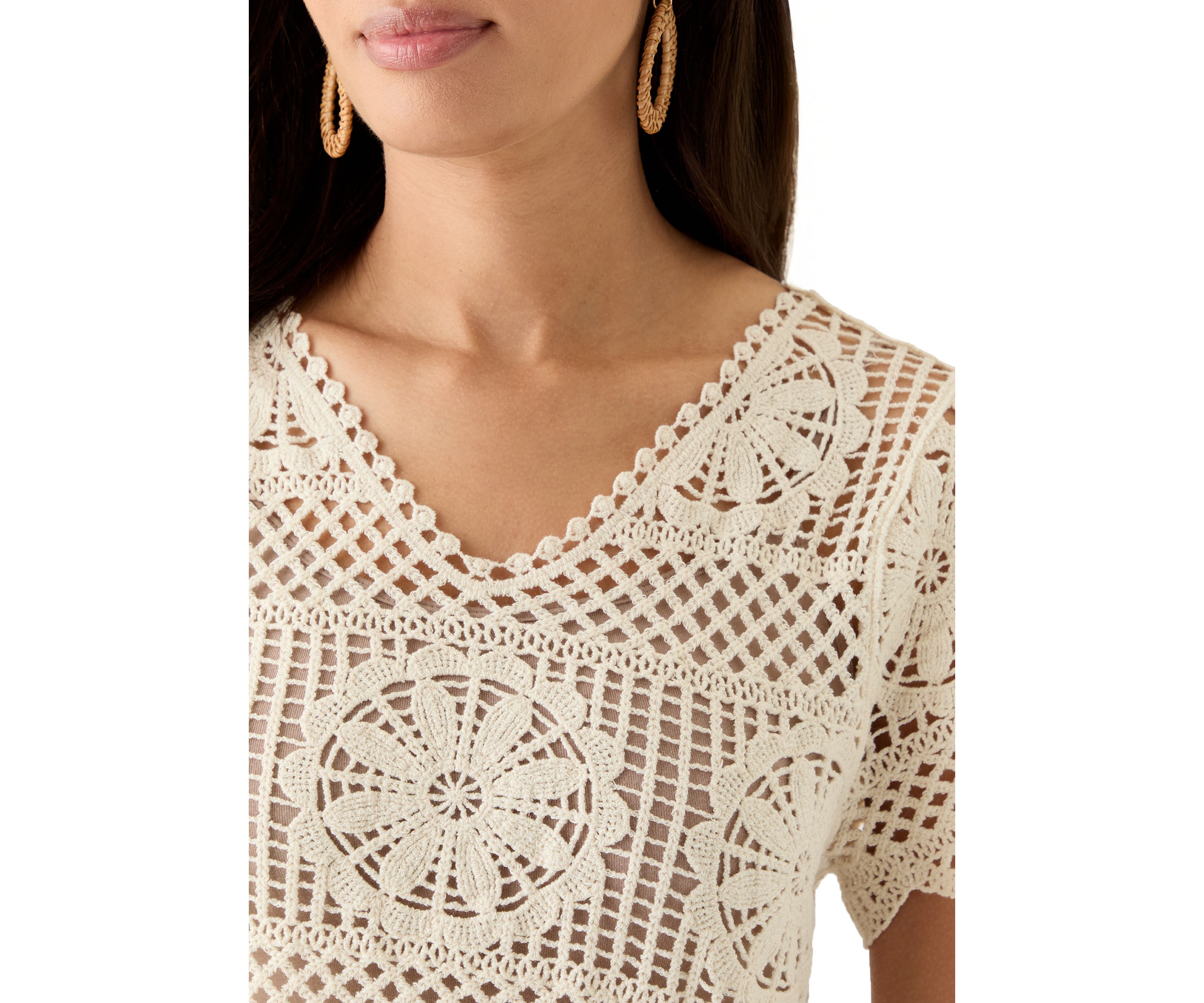 Womens Crochet Short Sleeve V-Neck Top