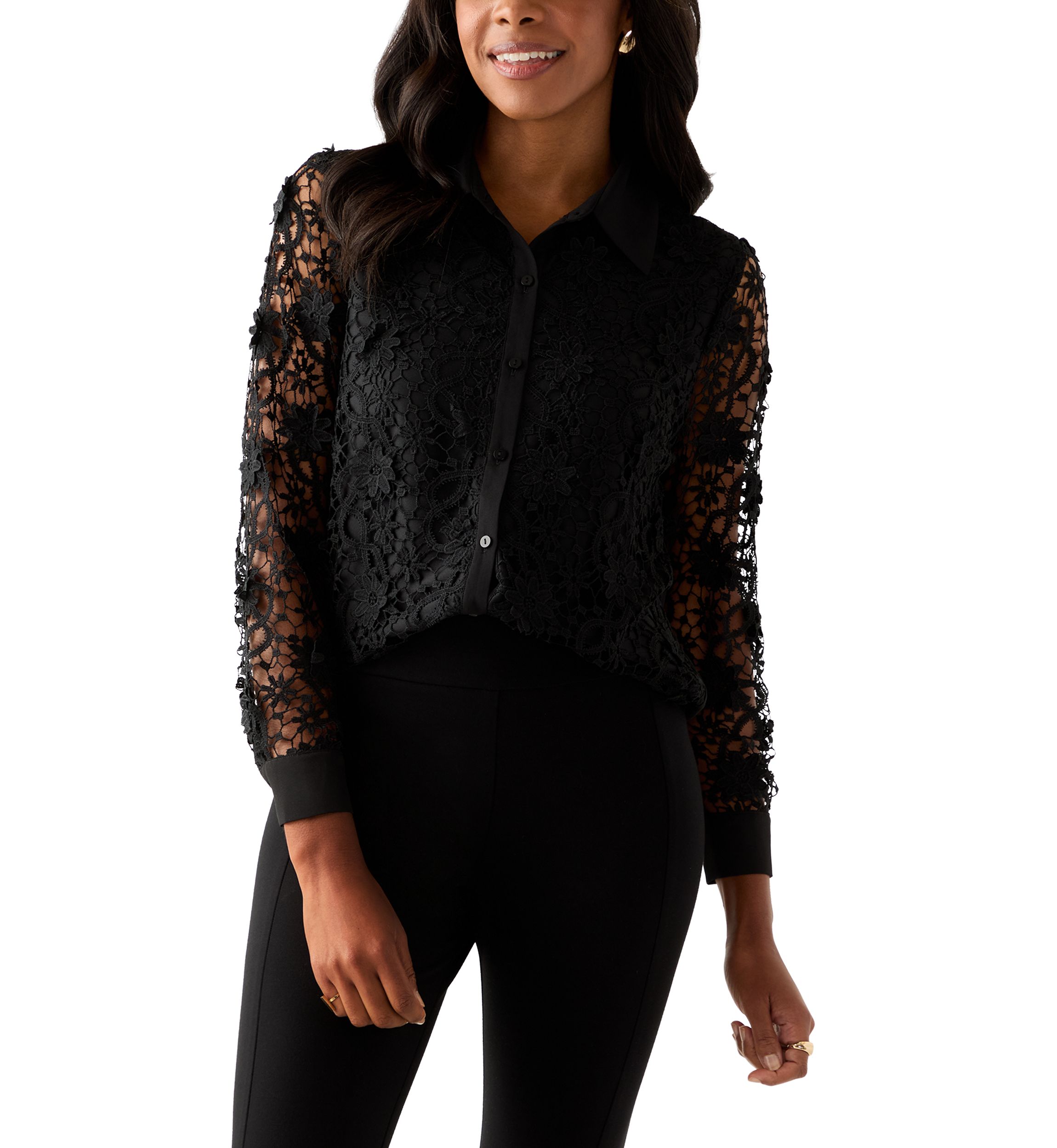 Womens Long Sleeve Floral Crochet Button Front Collared Shirt