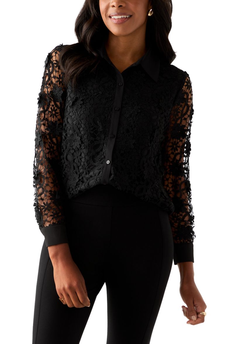 Womens Long Sleeve Floral Crochet Button Front Collared Shirt