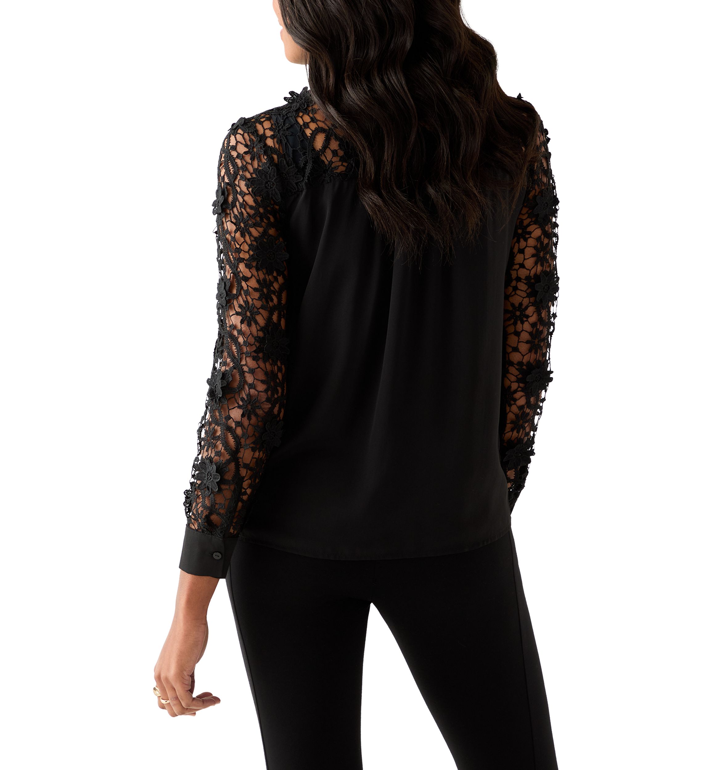 Womens Long Sleeve Floral Crochet Button Front Collared Shirt