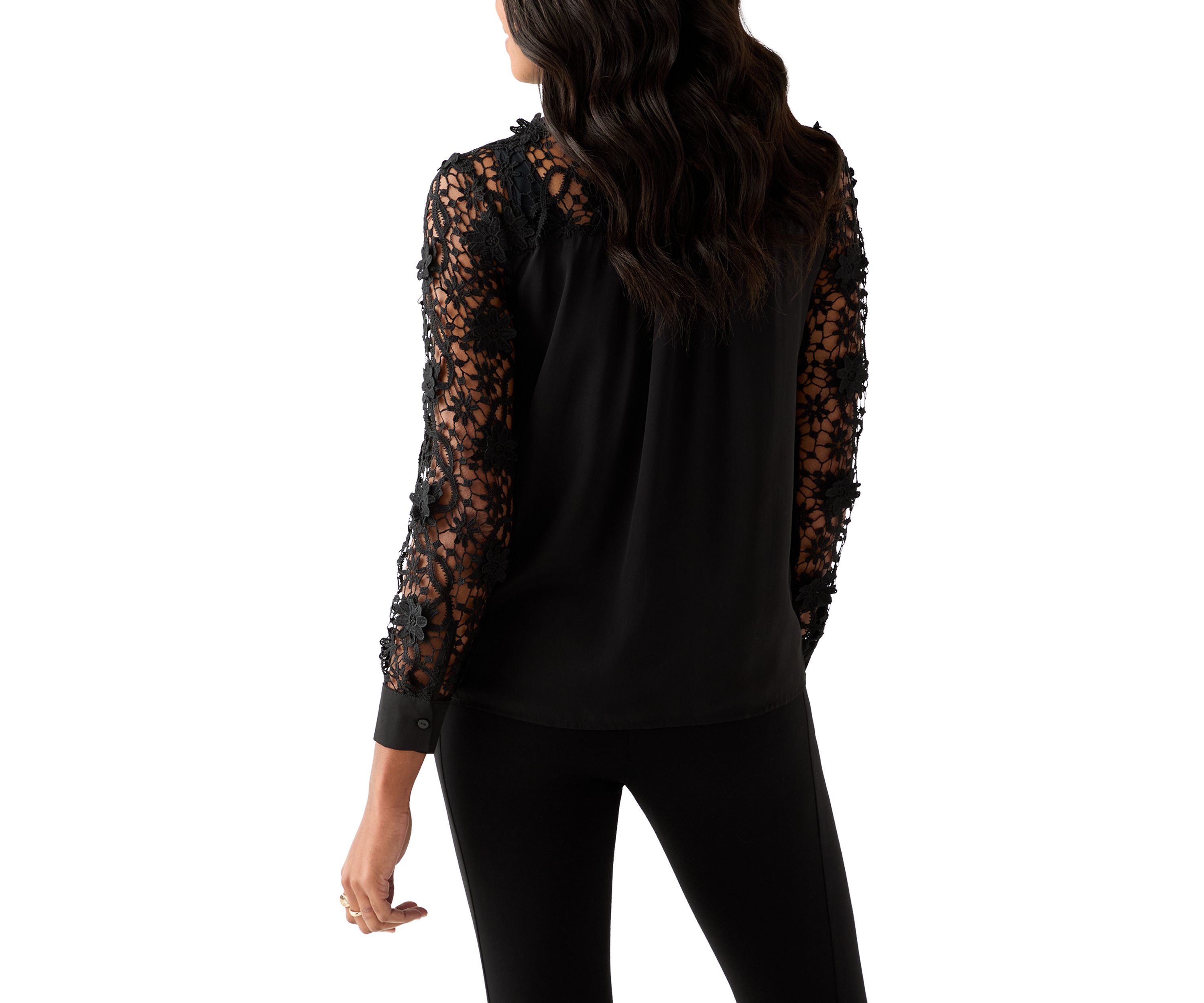 Womens Long Sleeve Floral Crochet Button Front Collared Shirt