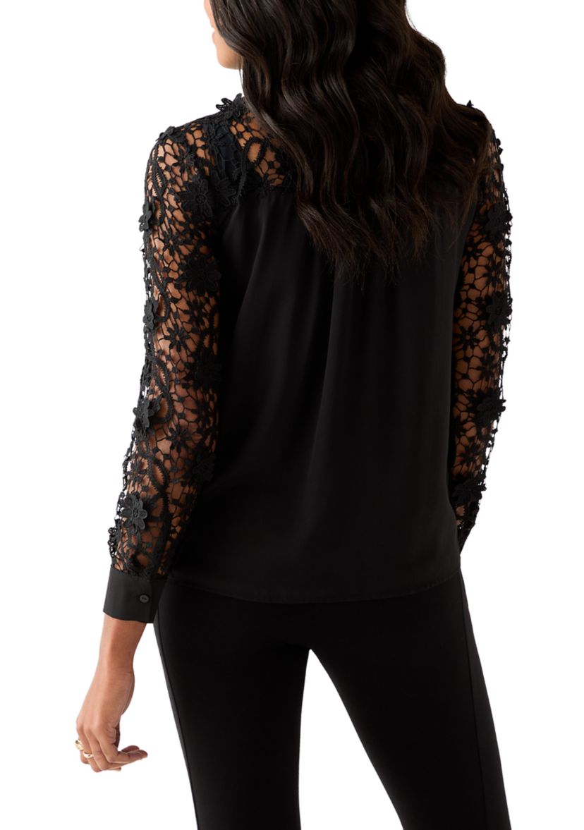 Womens Long Sleeve Floral Crochet Button Front Collared Shirt