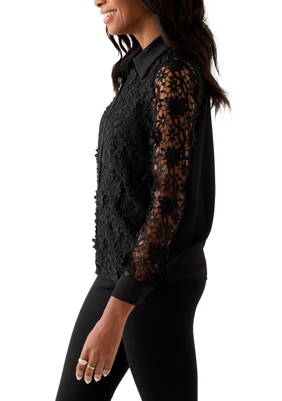 Womens Long Sleeve Floral Crochet Button Front Collared Shirt