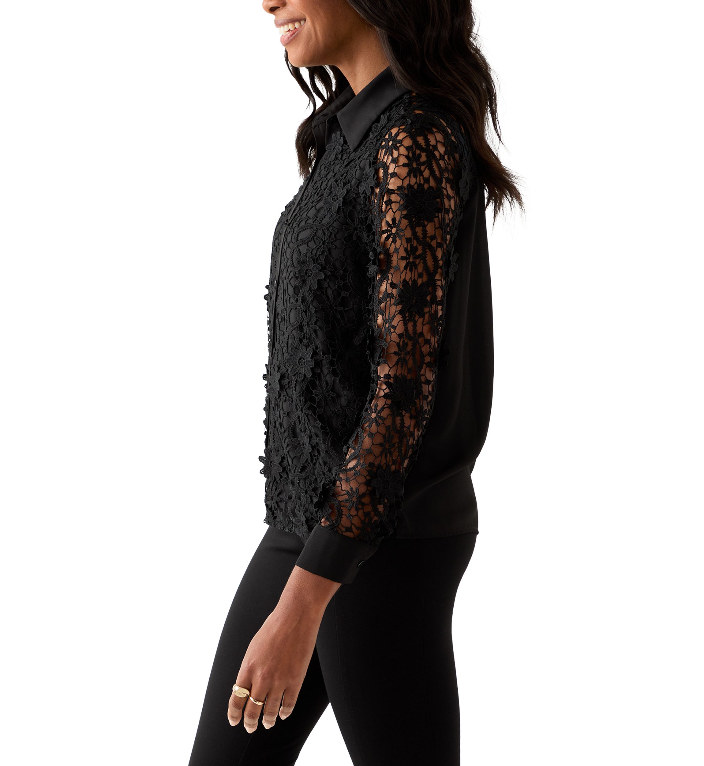 Womens Long Sleeve Floral Crochet Button Front Collared Shirt