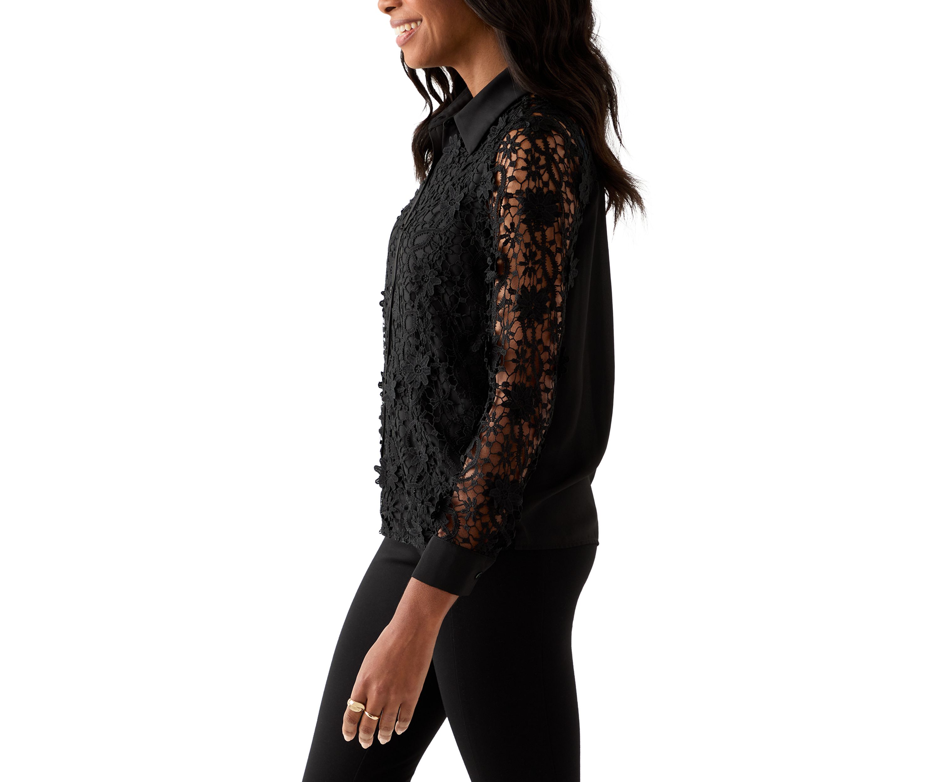 Womens Long Sleeve Floral Crochet Button Front Collared Shirt