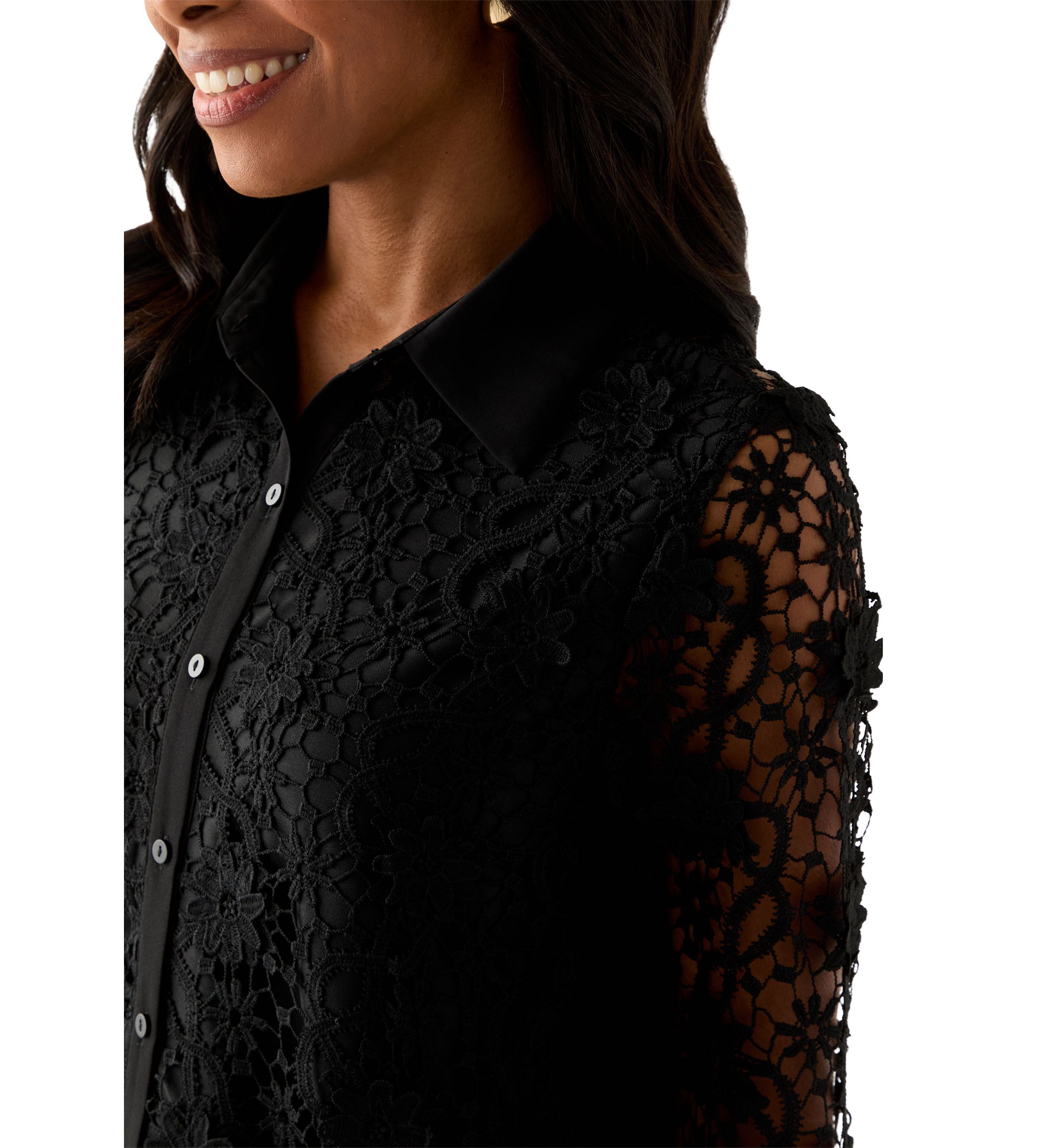 Womens Long Sleeve Floral Crochet Button Front Collared Shirt