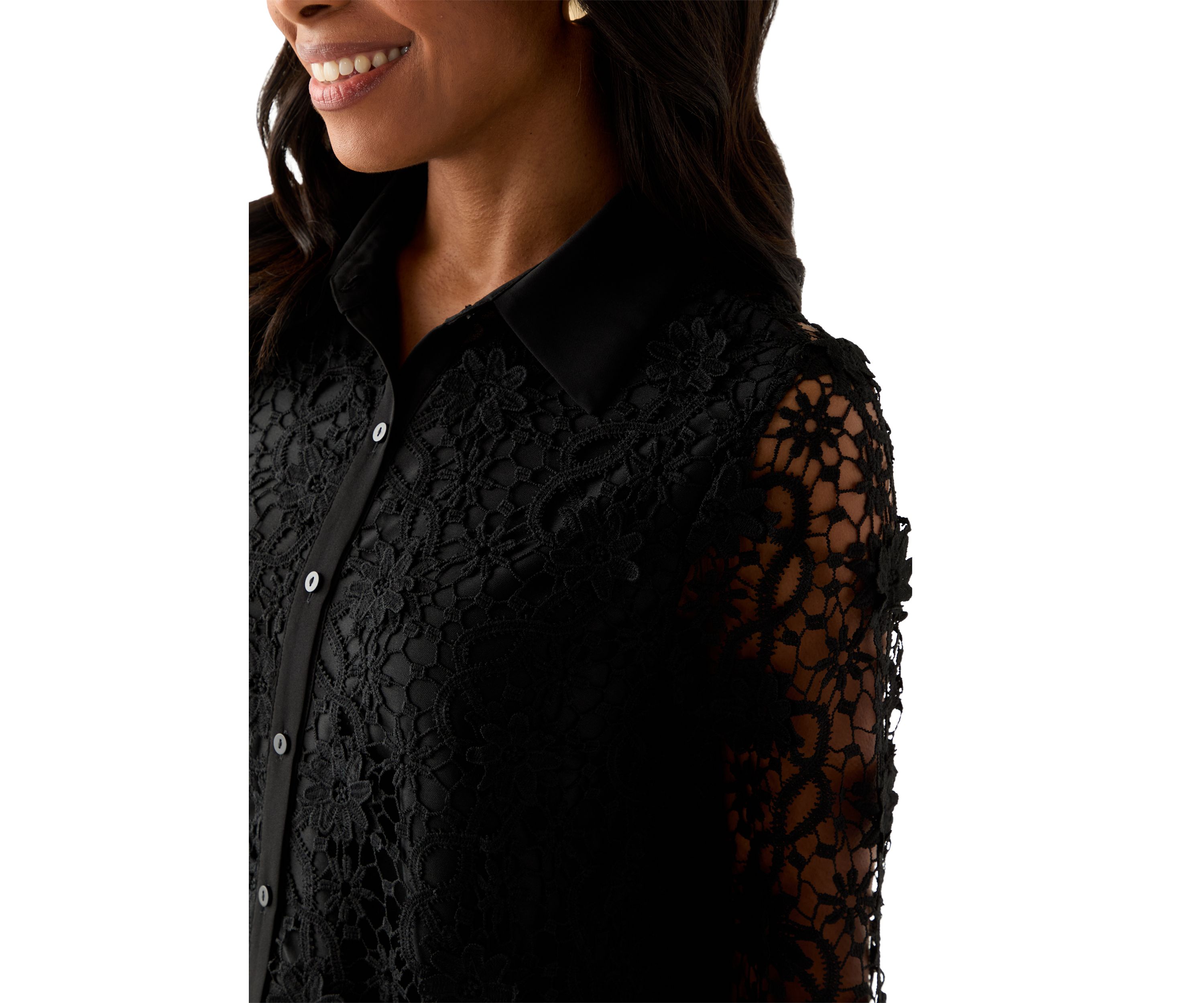 Womens Long Sleeve Floral Crochet Button Front Collared Shirt