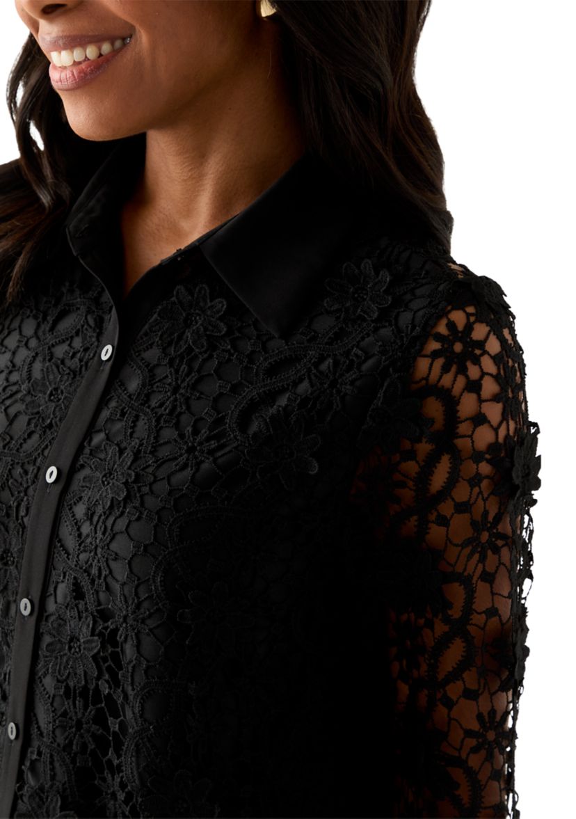 Womens Long Sleeve Floral Crochet Button Front Collared Shirt