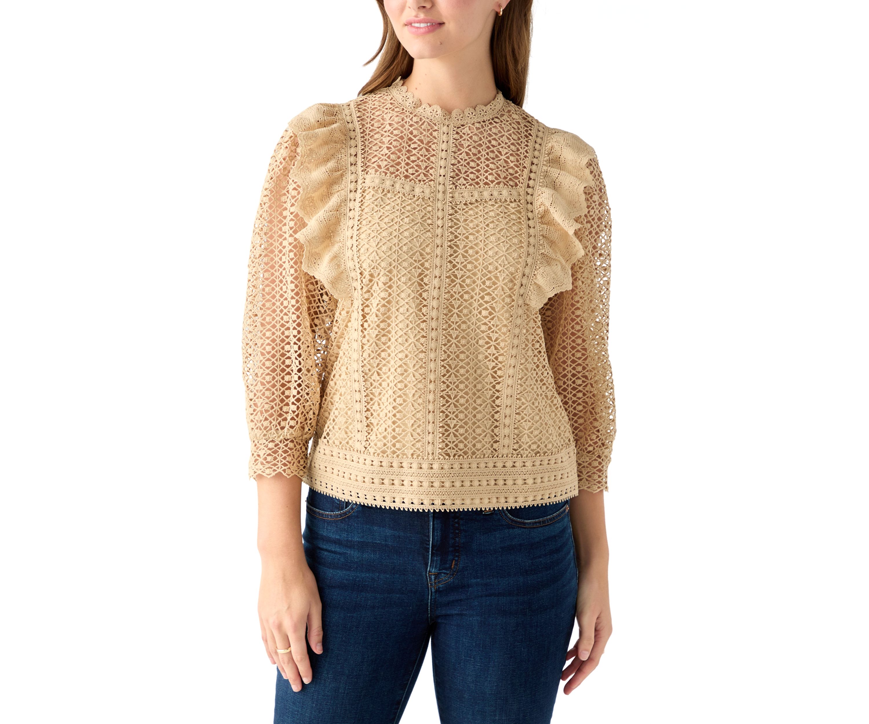 Womens Three Quarter Sleeve Fluff Front Crochet Blouse