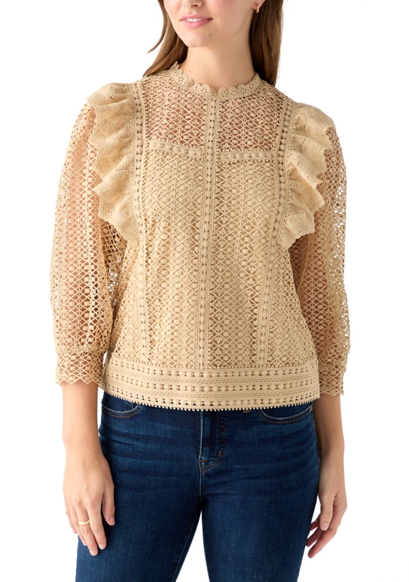 Womens Three Quarter Sleeve Fluff Front Crochet Blouse