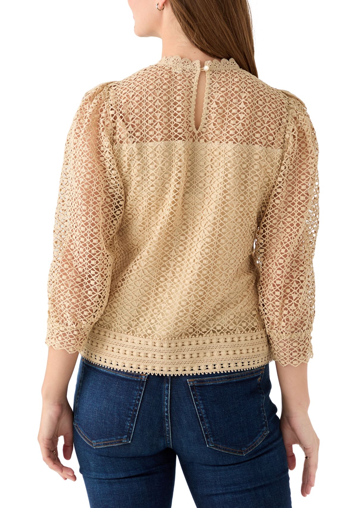 Womens Three Quarter Sleeve Fluff Front Crochet Blouse