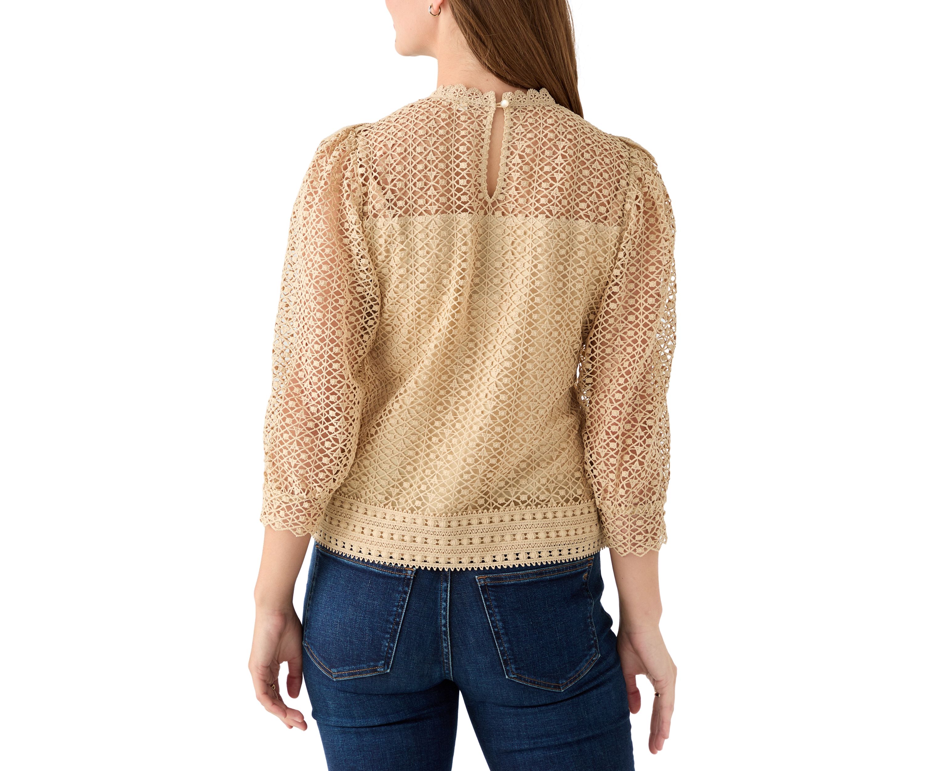 Womens Three Quarter Sleeve Fluff Front Crochet Blouse