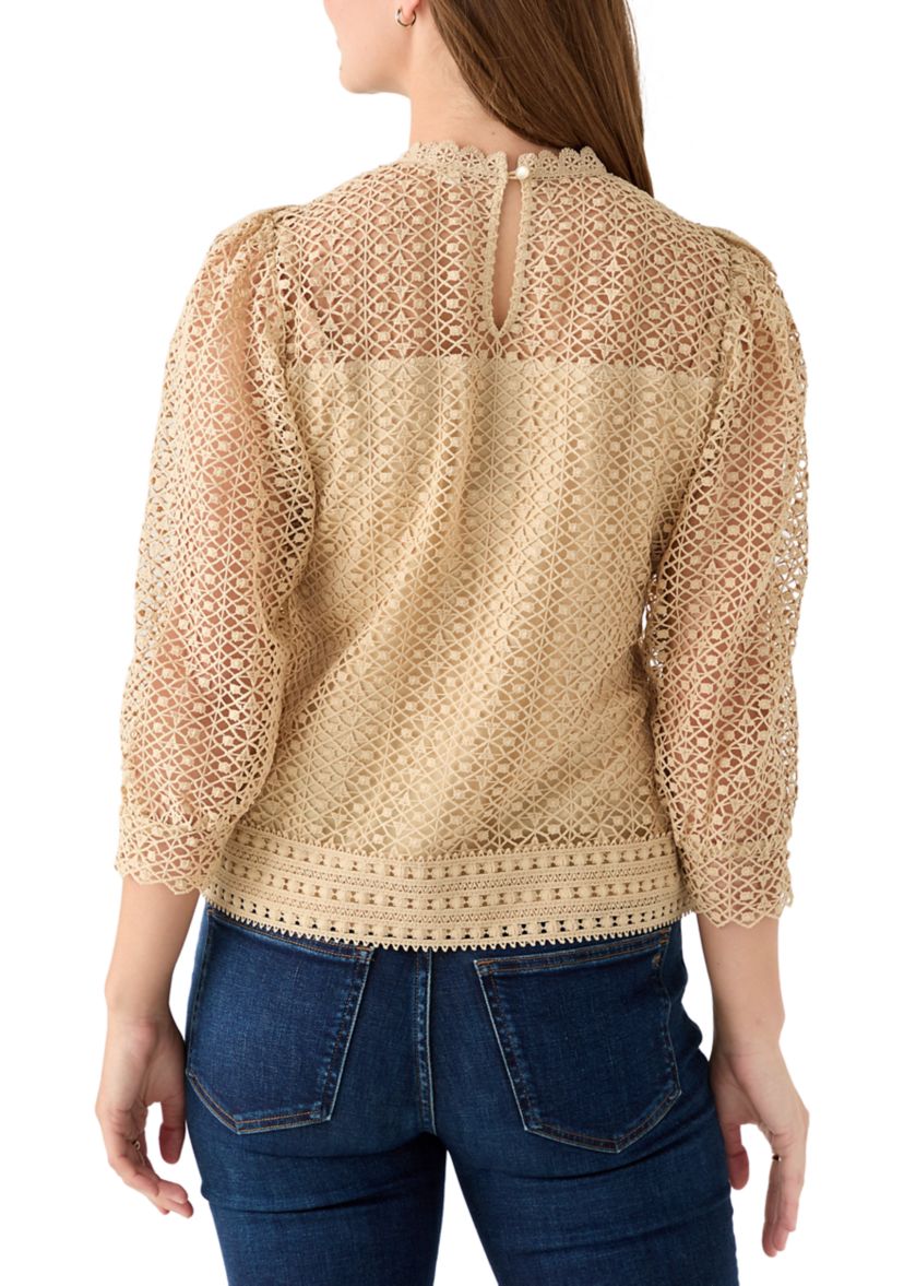 Womens Three Quarter Sleeve Fluff Front Crochet Blouse