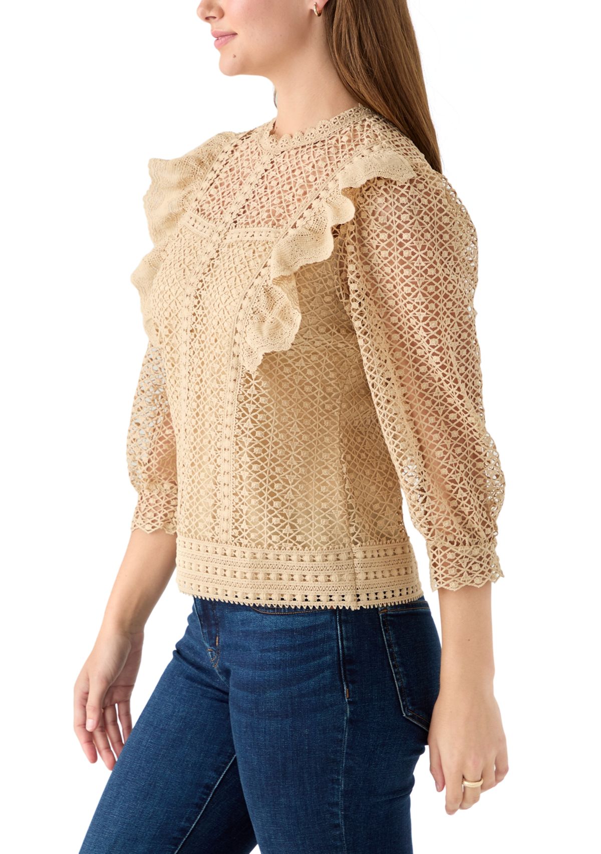 Womens Three Quarter Sleeve Fluff Front Crochet Blouse