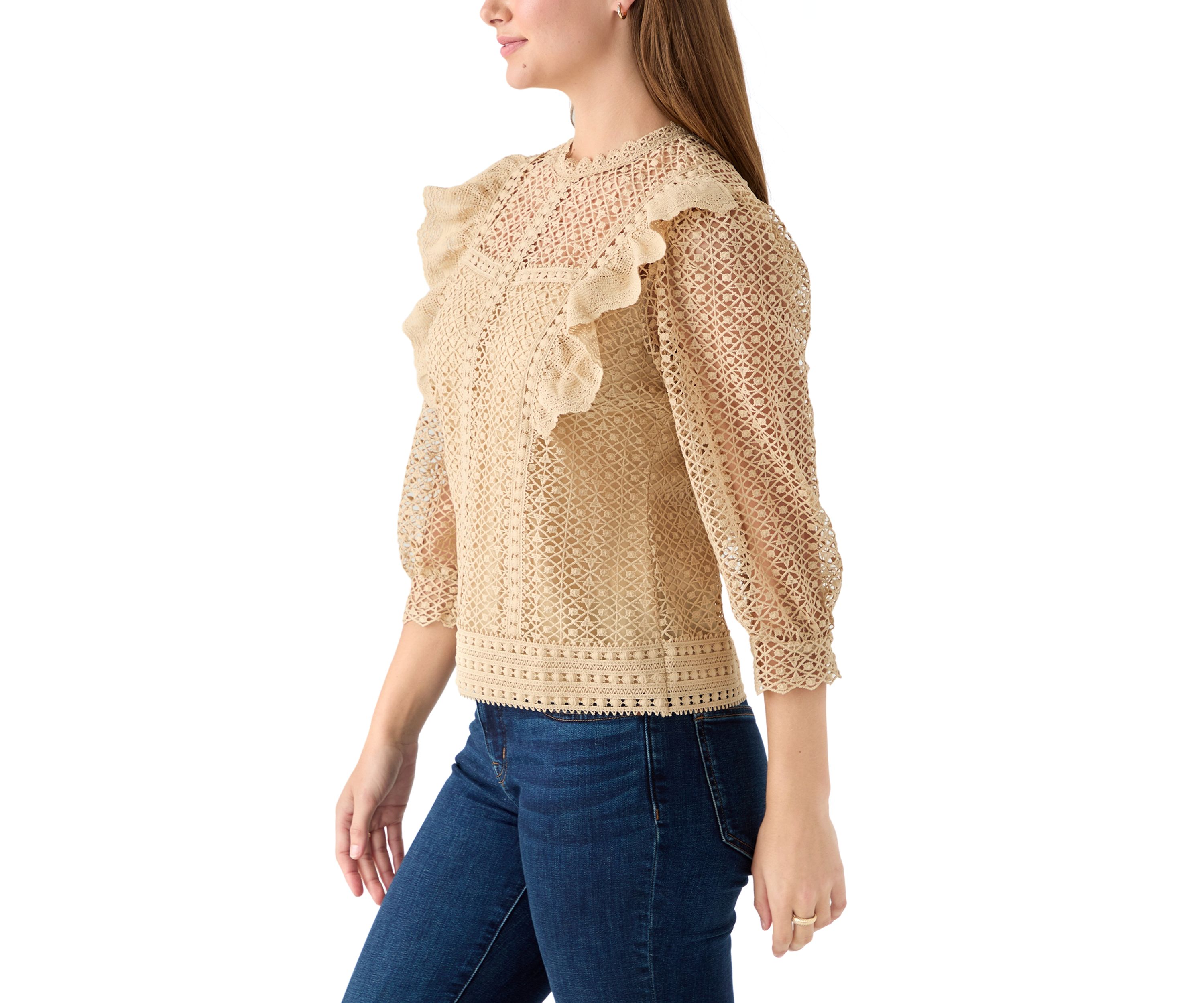 Womens Three Quarter Sleeve Fluff Front Crochet Blouse
