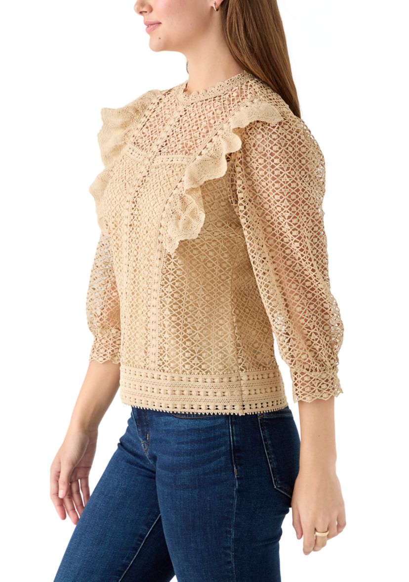 Womens Three Quarter Sleeve Fluff Front Crochet Blouse