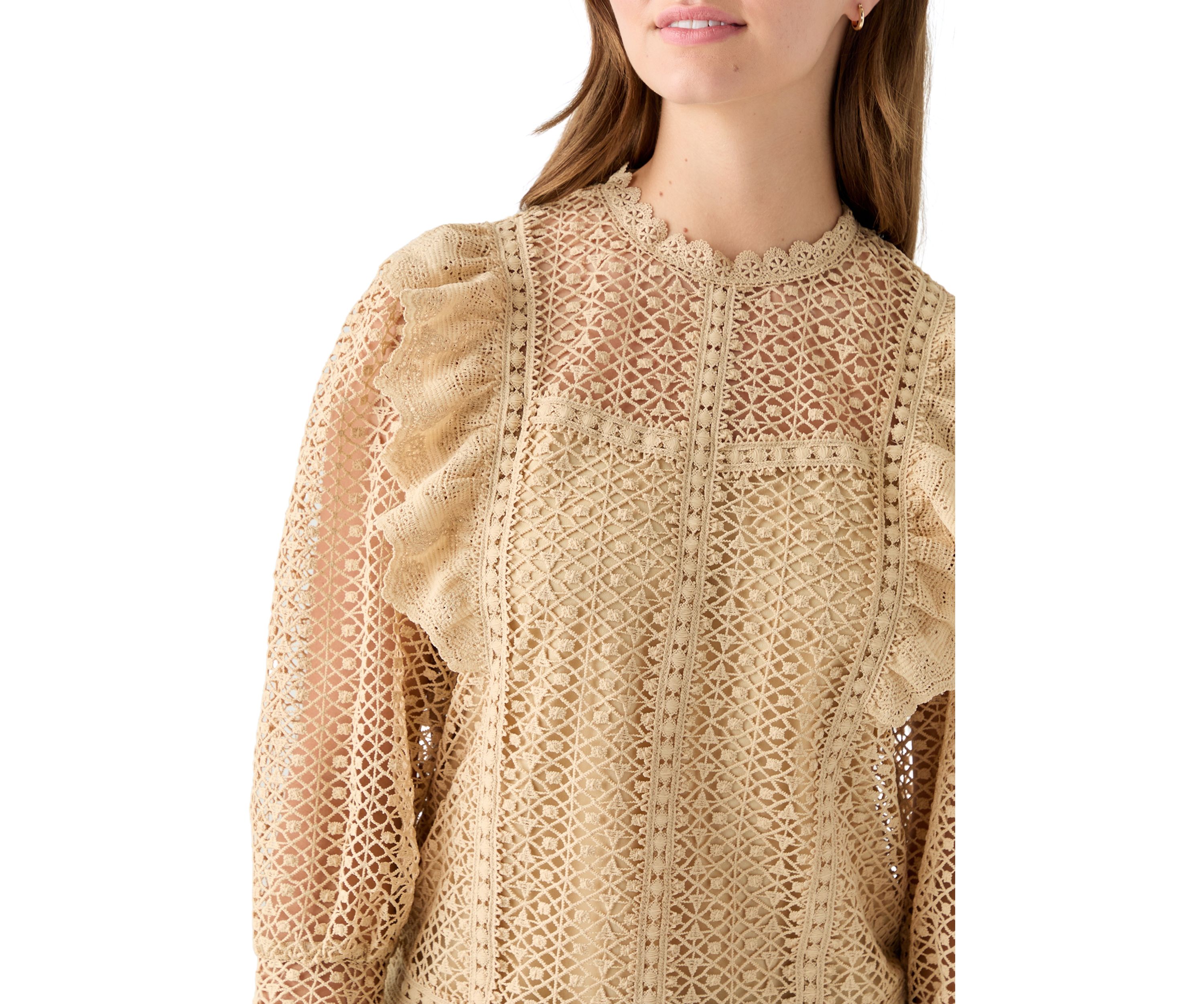 Womens Three Quarter Sleeve Fluff Front Crochet Blouse