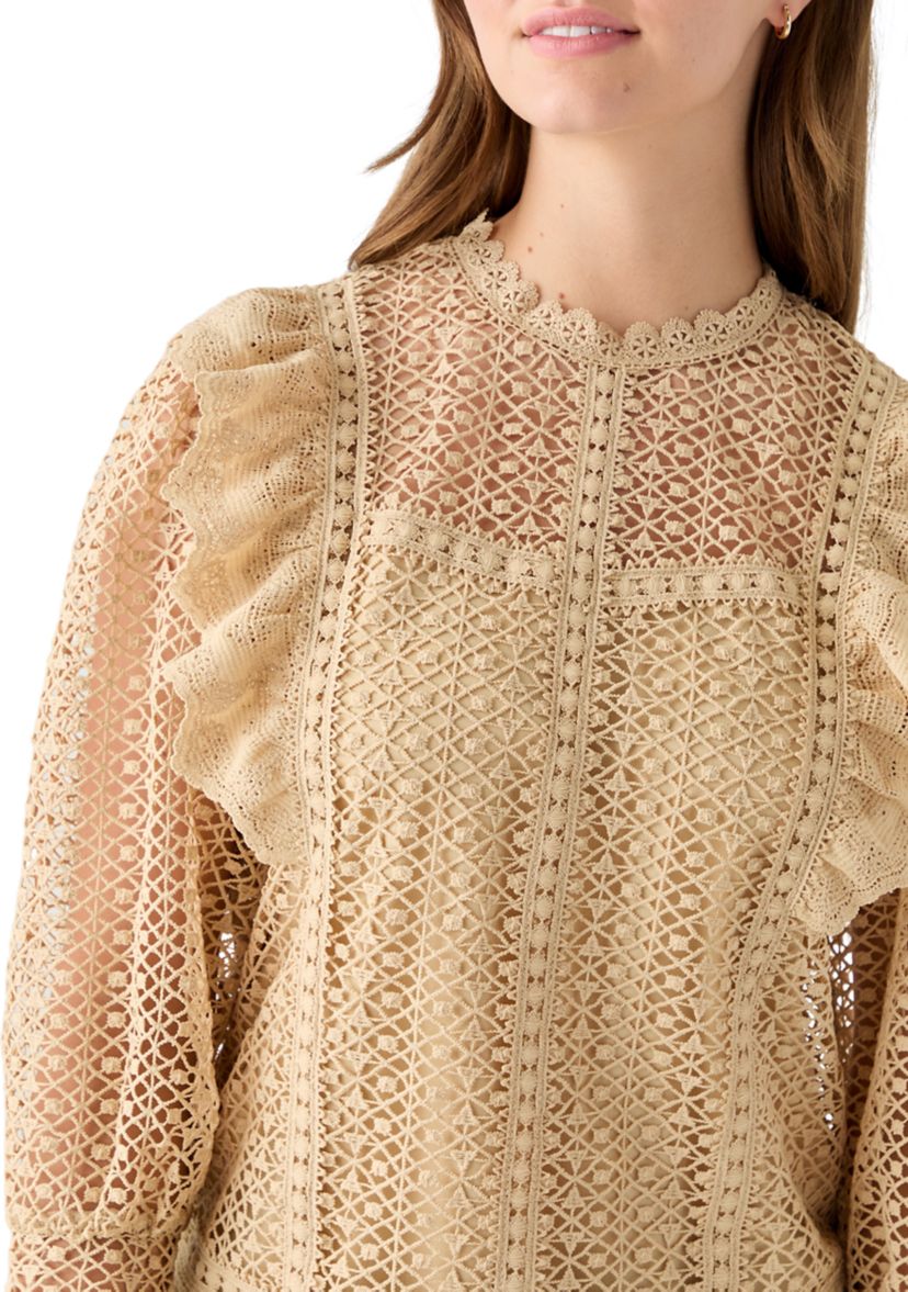 Womens Three Quarter Sleeve Fluff Front Crochet Blouse