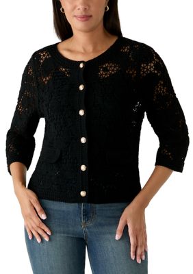 Ultra Pink Women's 3/4 Sleeve Crochet Button Front Cardigan, Black, Medium