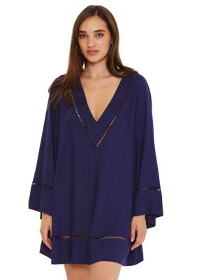 Long Sleeve Solid Swing Swim Cover Up Dress with Ladder Stitch