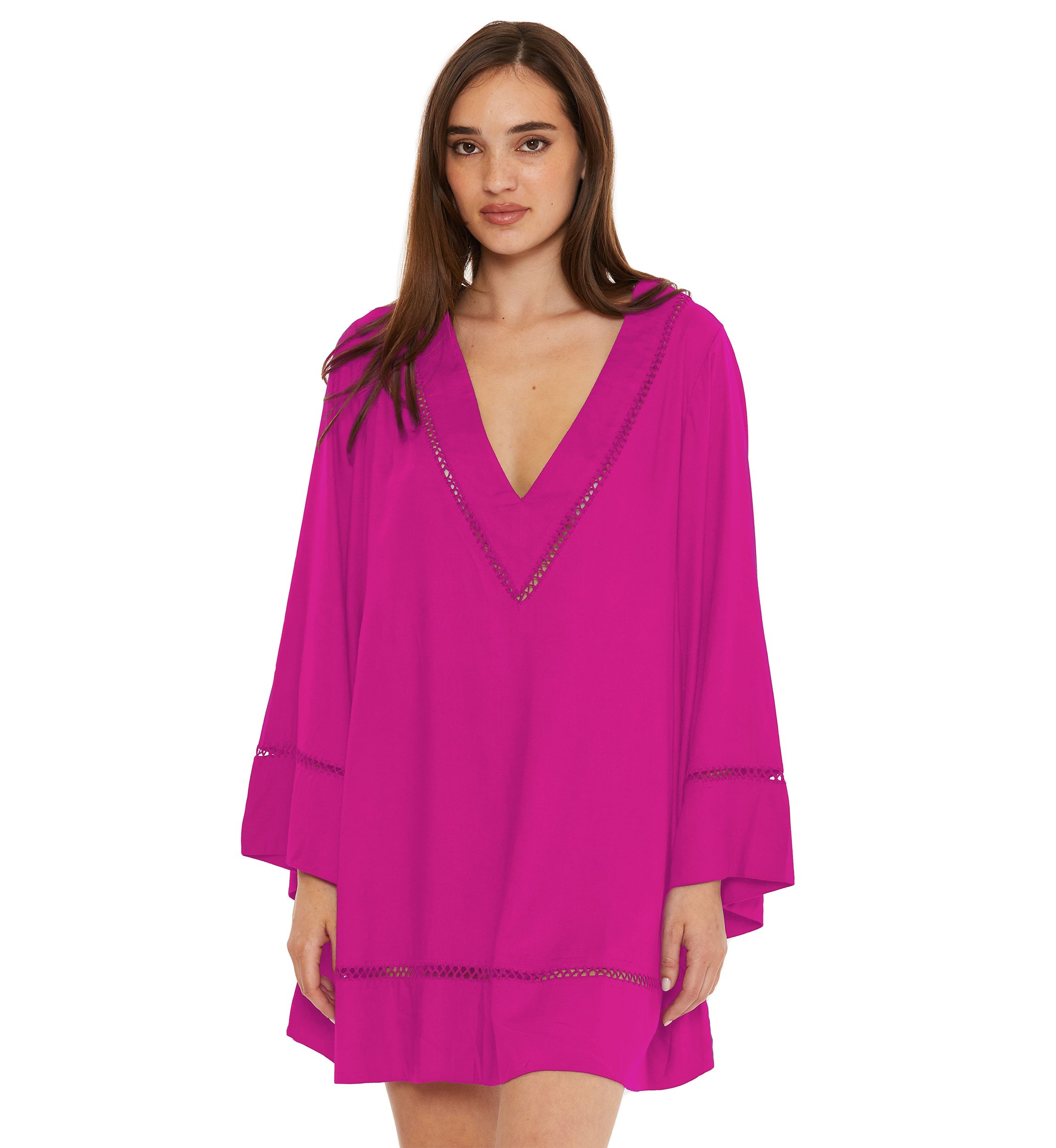 Long Sleeve Solid Swing Swim Cover Up Dress with Ladder Stitch