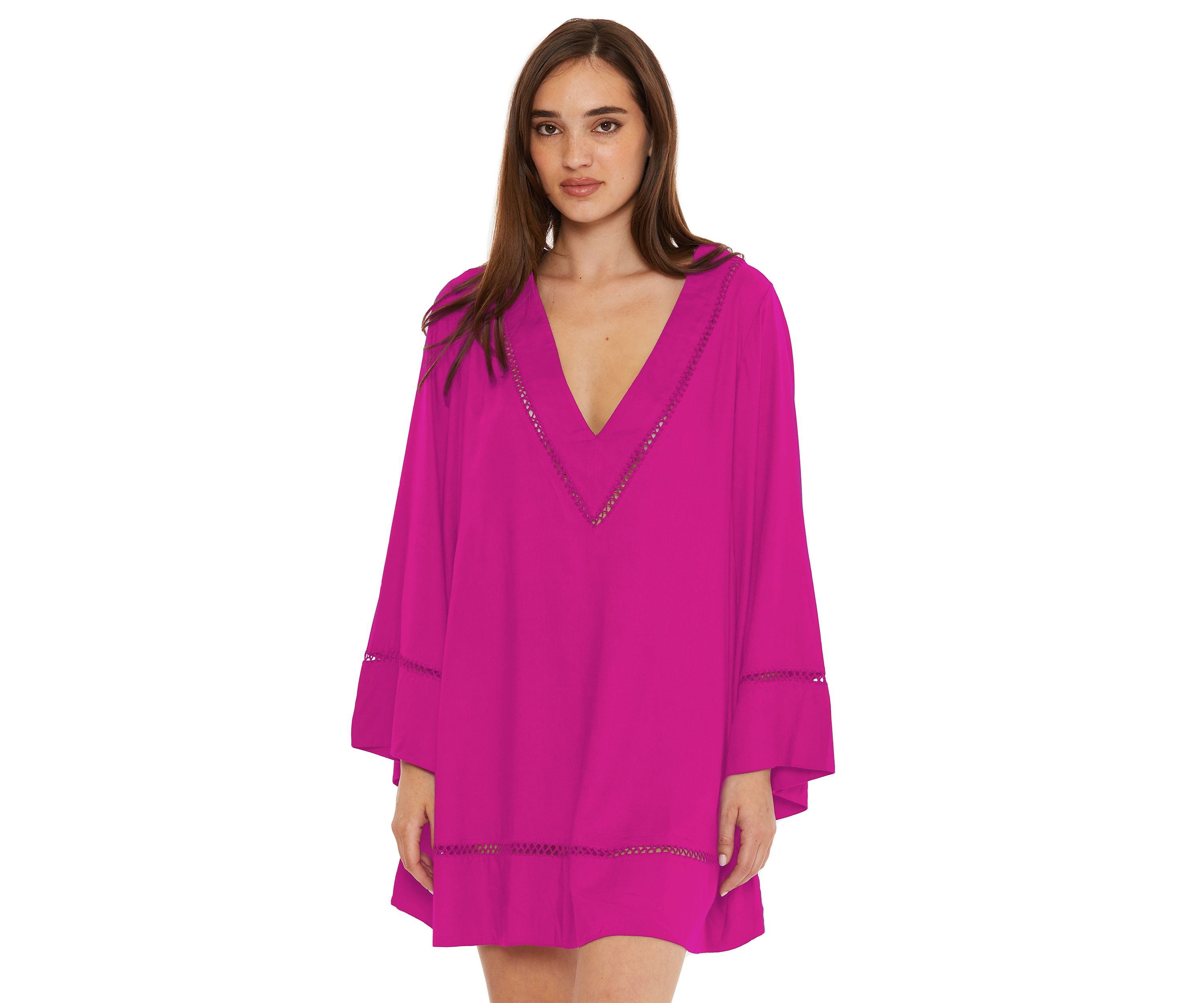 Long Sleeve Solid Swing Swim Cover Up Dress with Ladder Stitch