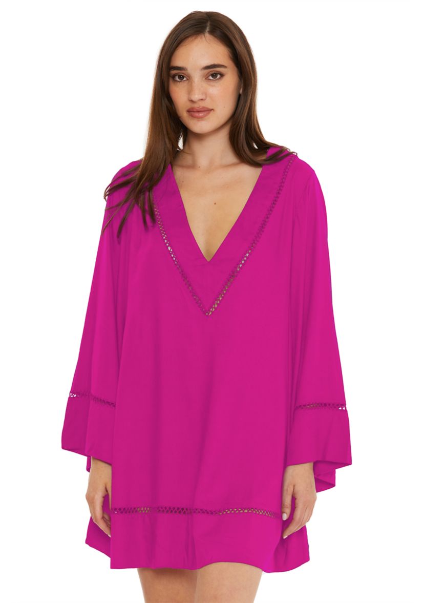 Long Sleeve Solid Swing Swim Cover Up Dress with Ladder Stitch