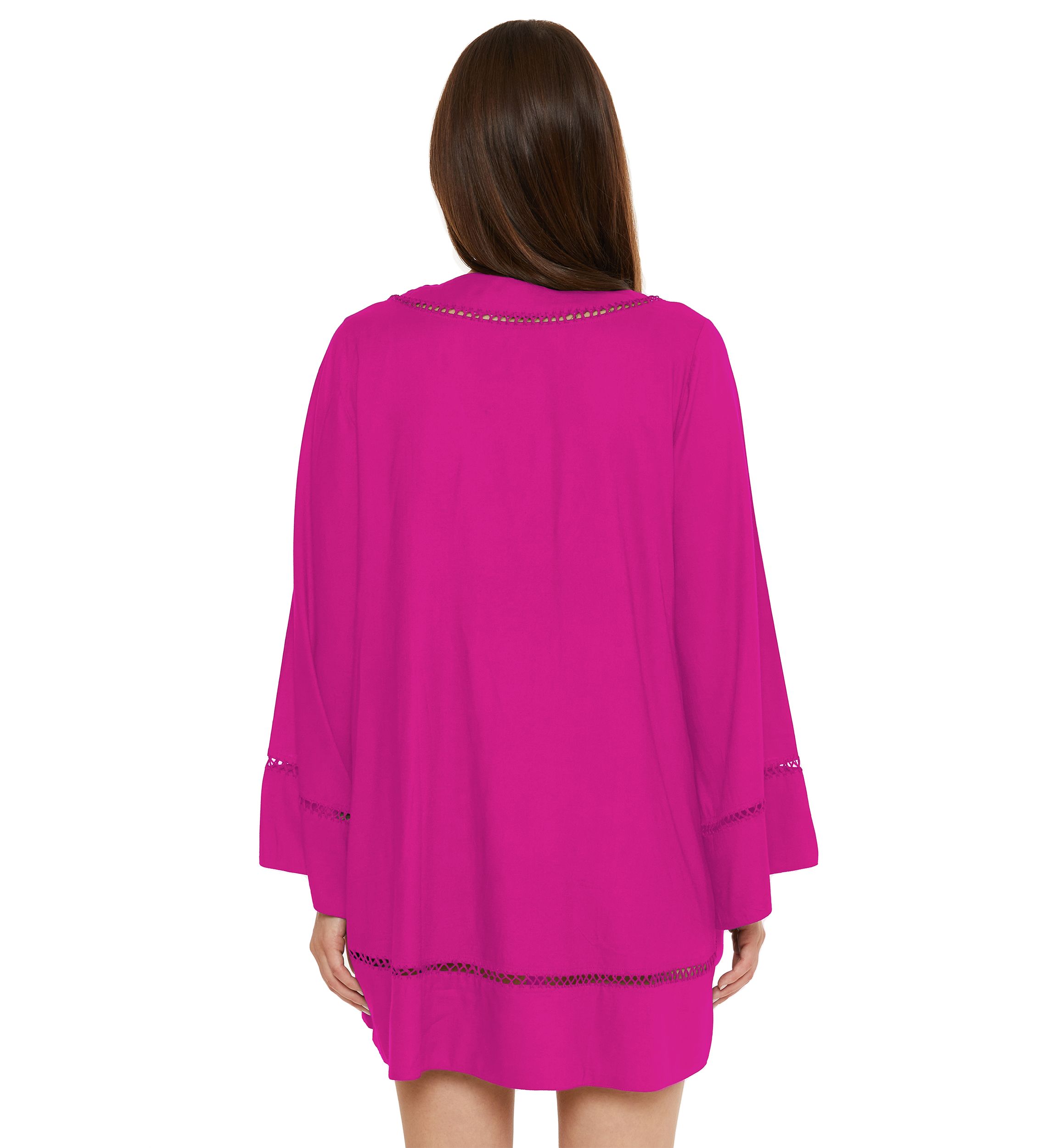 Long Sleeve Solid Swing Swim Cover Up Dress with Ladder Stitch