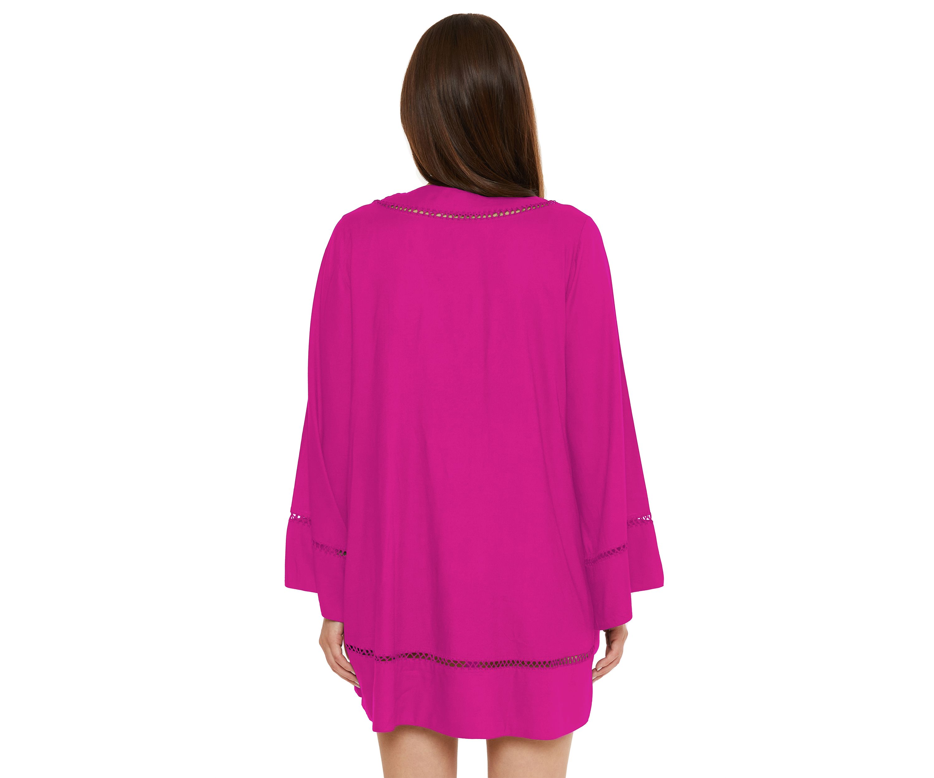 Long Sleeve Solid Swing Swim Cover Up Dress with Ladder Stitch